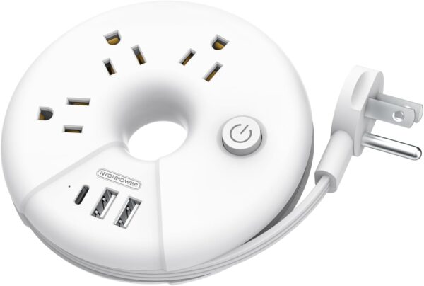 Travel Power Strip, NTONPOWER 3 Outlets 3 USB Portable Desktop Charging Station Short Extension Cord 15 inches for Office, Home, Hotels, Cruise Ship, Nightstand, White
