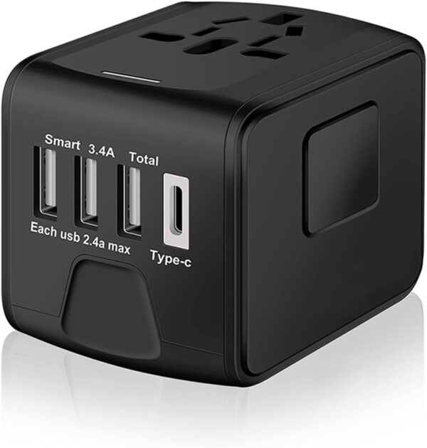 Universal International Travel Power Adapter W/High Speed 2.4A USB, 3.0A Type-C Wall Charger, European Adapter, Worldwide AC Outlet Plugs Adapters for Europe, UK, US, AU, Asia-Black