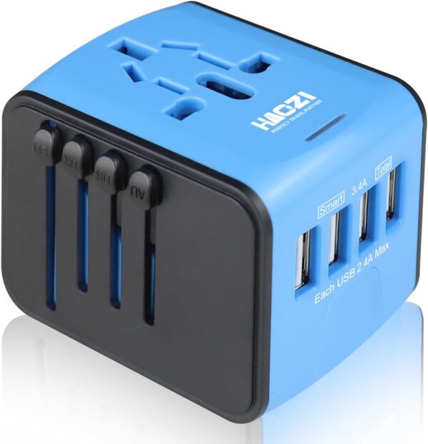 Universal Travel Adapter, All-in-one International Power Adapter with 2.4A Dual USB, Europe Adapter Travel Power Adapter Wall Charger for UK, EU, AU, Asia Covers 150+Countries (Blue)