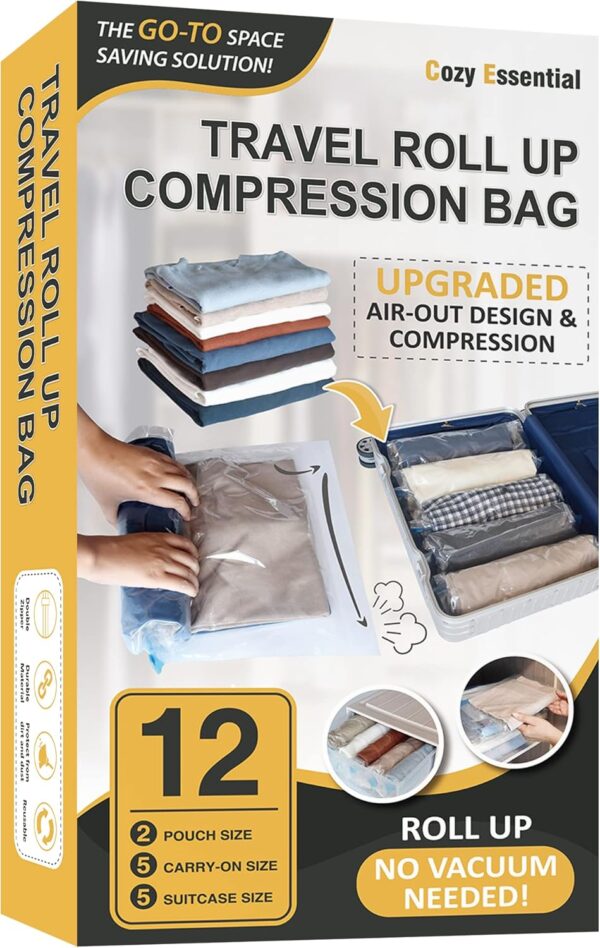 12 Hand Roll Up Compression Travel Bags-Space Saver Bags for Luggage and Cruises (5 Large, 5 Medium, 2 Small), No Vacuum Needed