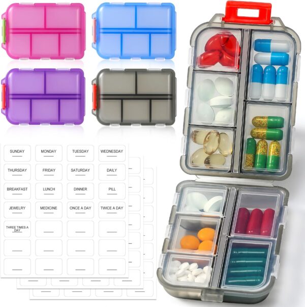 4 Pack Small Travel Pill Organizer for Purse, Pocket, Bag – 10 Compartments Pill Holder Box, Handy Medicine Container – Portable Mini Pharmacy for Weekly Daily Travel – BPA Free Vitamin Fish Oil Case