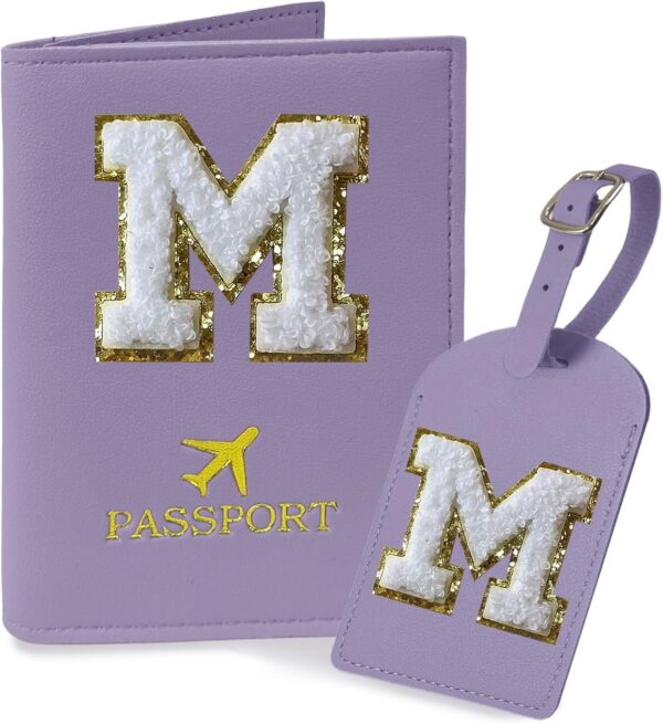 Purple Initial Passport Cover Holder and Luggage Tag Set TSA Approved with Alphabet Chenille Letter Patch for Women Teenager Girls, PU Leather Traveling Bag Suitcase Identifier (M)