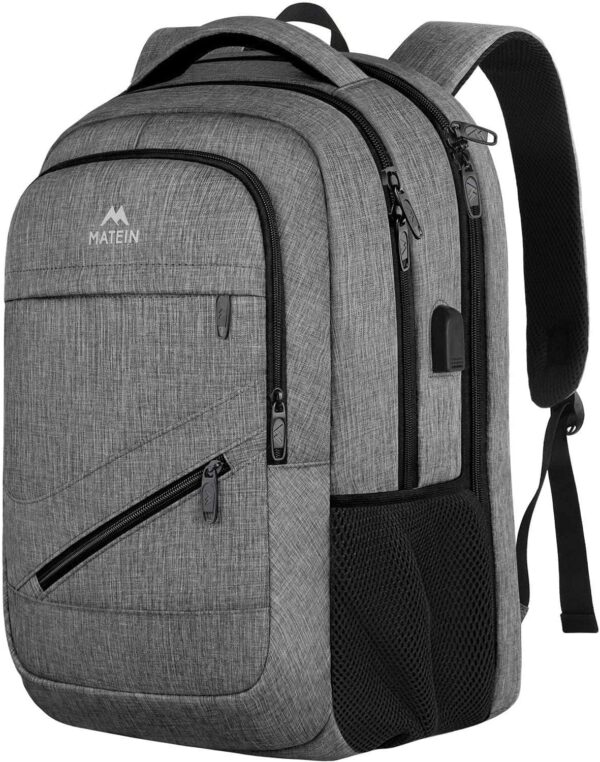MATEIN Travel Laptop Backpack, 17 inch Business Flight Approved Carry on Backpack, TSA Large Computer Backpack for Men Women with USB Port & Trolley Sleeve, College School Rucksack Book Bag, Grey