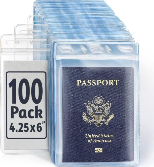 EcoEarth 4×6 Inch Passport & Card Holders with Soft Edge (Clear, 100 Pack), Extra Large (XXL) Vertical ID Holder, Resealable and Waterproof Identification Name Card Holder