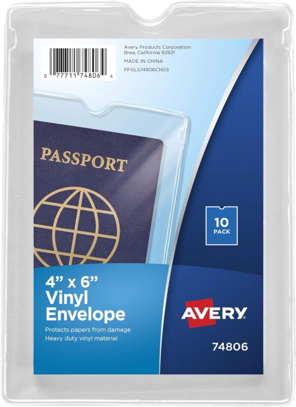 Avery File Envelopes, 4″ x 6″ Passport Holder, Holds up to 30 Sheets, 10 Clear Vinyl Envelopes (74806)