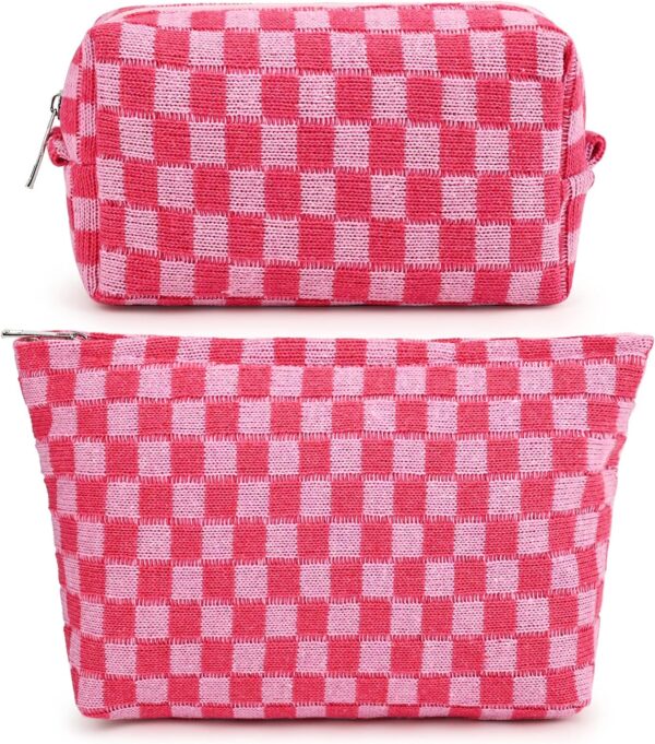 2 Pieces Makeup Bag Large Checkered Cosmetic Bag Pink Capacity Canvas Travel Toiletry Bag Organizer Cute Makeup Brushes Aesthetic Accessories Storage Bag for Women