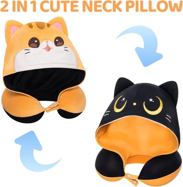Travel Neck Pillow with Hood, Double Sides Cat Nec... - Image 3