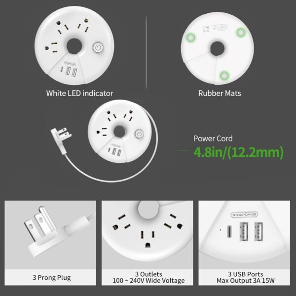 Travel Power Strip, NTONPOWER 3 Outlets 3 USB(1 US... - Image 8