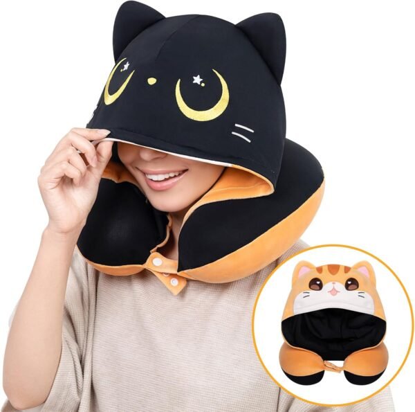 Travel Neck Pillow with Hood, Double Sides Cat Nec... - Image 2