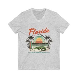 Florida Sunset V-Neck Tee, Vintage Tropical T-Shirt, Summer Apparel, Gift for Florida Lovers, Beach Vacation Top, Sunshine State Shirt