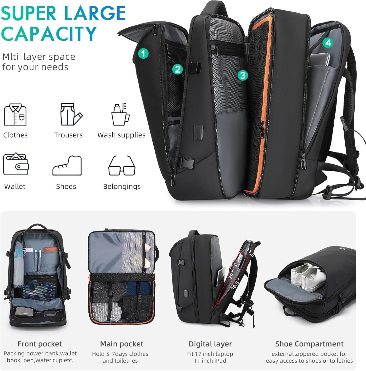 50L Carry on Travel Backpack, Expandable Airline A... - Image 3