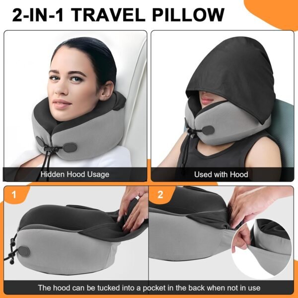 Neck Pillow for Travel - Hooded Memory Foam Plane ... - Image 4