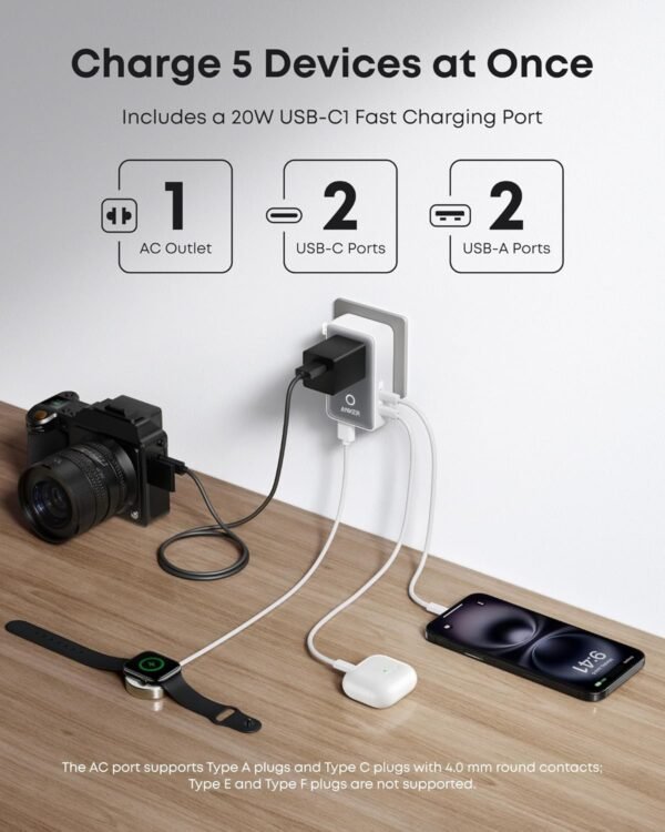Anker Nano Travel Adapter, 5-Port Power Adapter wi... - Image 4